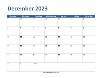 2023 december calendar with notes