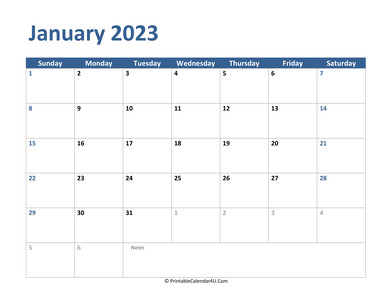 2023 january calendar with notes
