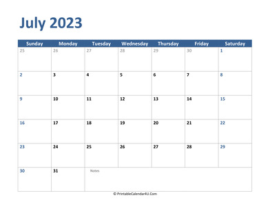 2023 july calendar with notes