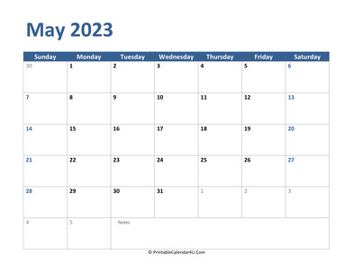 2023 may calendar with notes