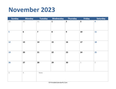 2023 november calendar with notes