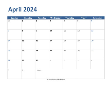 2024 april calendar with notes