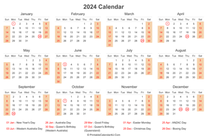 2024 calendar with australia holidays at bottom landscape layout
