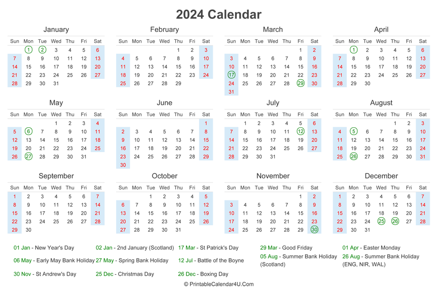 2024 Calendar with UK Bank Holidays at bottom (Landscape Layout)