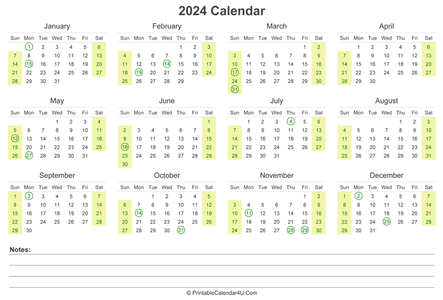 2024 Calendar with US Holidays and Notes (Landscape Layout)