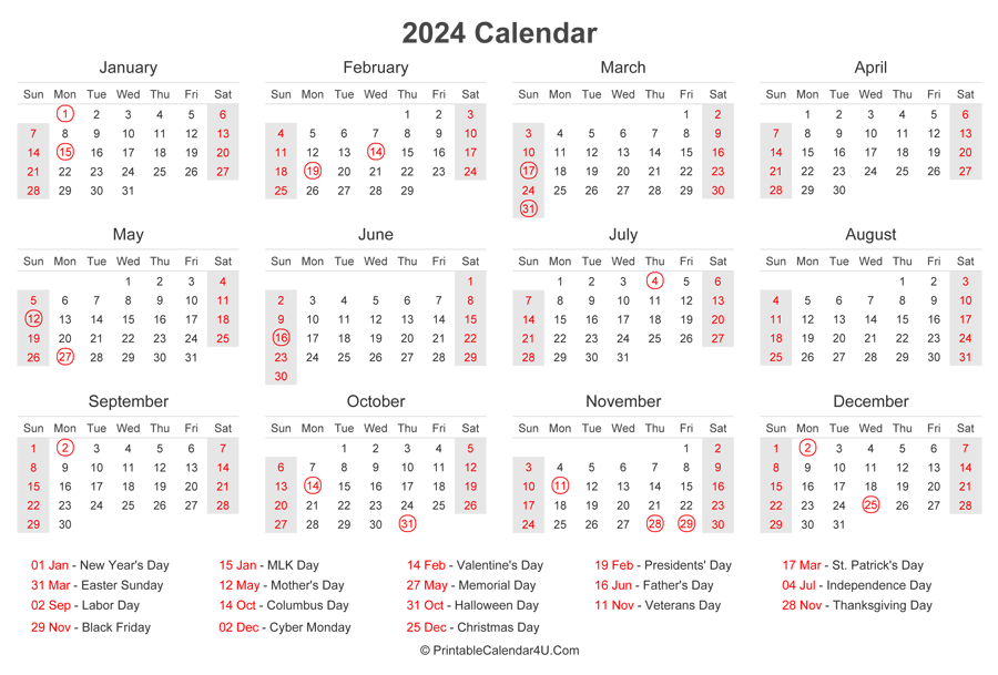 2024 Calendar with US Holidays at bottom (Landscape Layout)