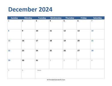 2024 december calendar with notes
