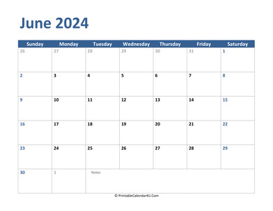 2024 june calendar with notes