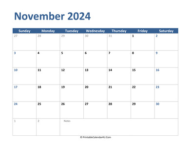 2024 november calendar with notes