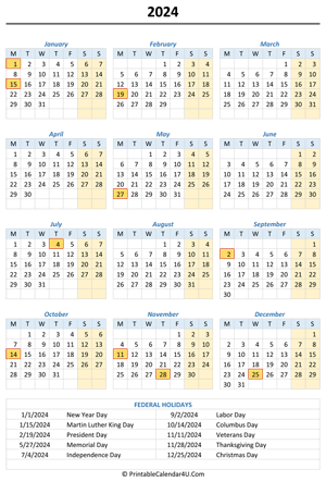 2024 portrait calendar with holidays