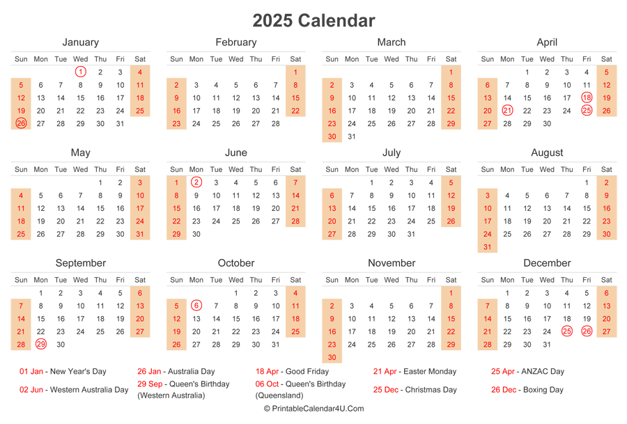 2025 Calendar with Australia Holidays at bottom (Landscape Layout)