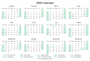 2025 calendar with canada holidays at bottom landscape layout