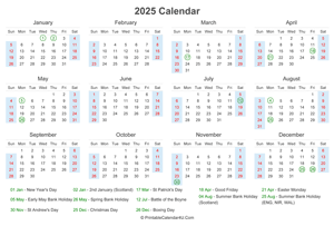2025 calendar with uk bank holidays at bottom landscape layout