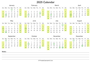 2025 calendar with us holidays and notes landscape layout