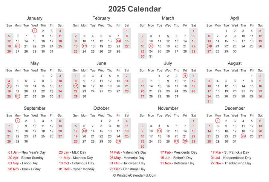 2025 Calendar with US Holidays at bottom (Landscape Layout)