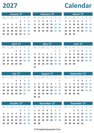 Printable Yearly Calendar 2027