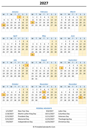 2027 portrait calendar with holidays
