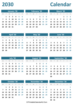 2030 calendar printable portrait layout