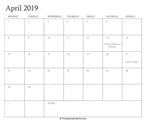 april 2019 calendar printable with holidays