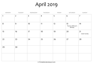 april 2019 editable calendar with holidays