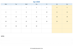 april 2020 calendar editable with notes horizontal layout