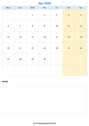 april 2020 calendar editable with notes vertical layout