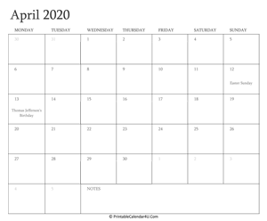 april 2020 calendar printable with holidays