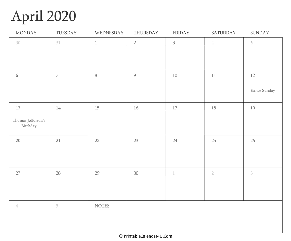 April 2020 Calendar Printable with Holidays