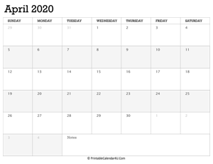 april 2020 calendar printable week starts on sunday
