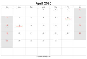 april 2020 calendar with uk bank holidays highlighted landscape layout