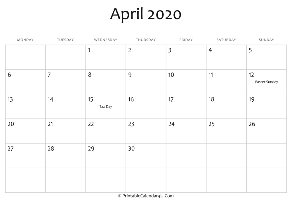 April 2020 Editable Calendar with Holidays