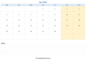 april 2021 calendar editable with notes horizontal layout