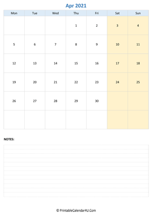 april 2021 calendar editable with notes vertical layout