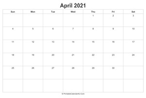 april 2021 calendar printable landscape layout