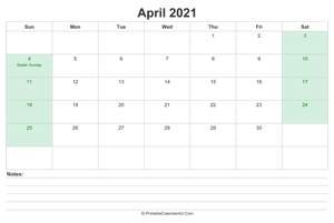april 2021 calendar with us holidays and notes landscape layout