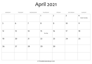 april 2021 editable calendar with holidays