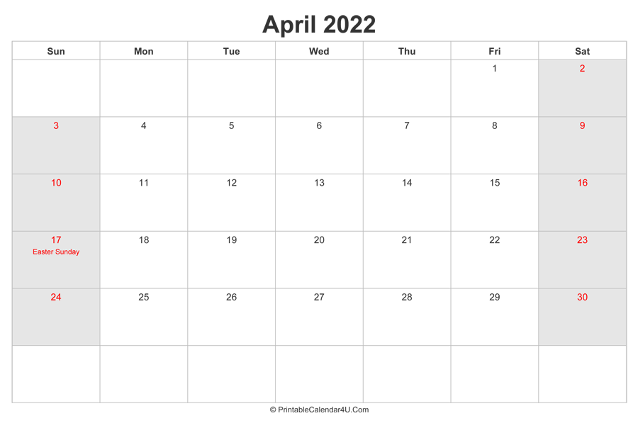 April 2022 Calendar with US Holidays highlighted (Landscape Layout)