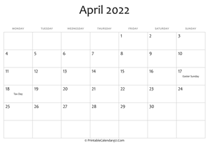 april 2022 editable calendar with holidays