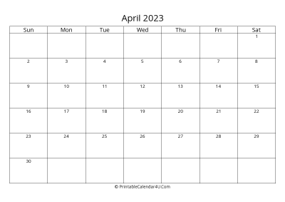 april 2023 calendar printable landscape layout