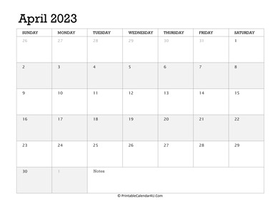 april 2023 calendar printable week starts on sunday