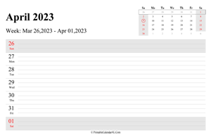 april 2023 weekly calendar with us holidays landscape layout