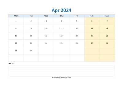 april 2024 calendar editable with notes horizontal layout