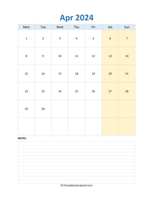 april 2024 calendar editable with notes vertical layout