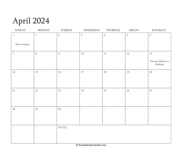 2024 April Calendar With Holidays Printable Free Printables August