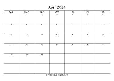 april 2024 calendar printable landscape layout
