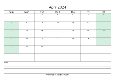 april 2024 calendar with us holidays and notes landscape layout