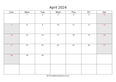 april 2024 calendar with us holidays highlighted landscape layout