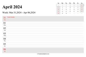 april 2024 weekly calendar with us holidays landscape layout