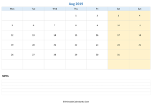august 2019 calendar editable with notes horizontal layout