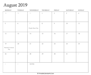 august 2019 calendar printable with holidays